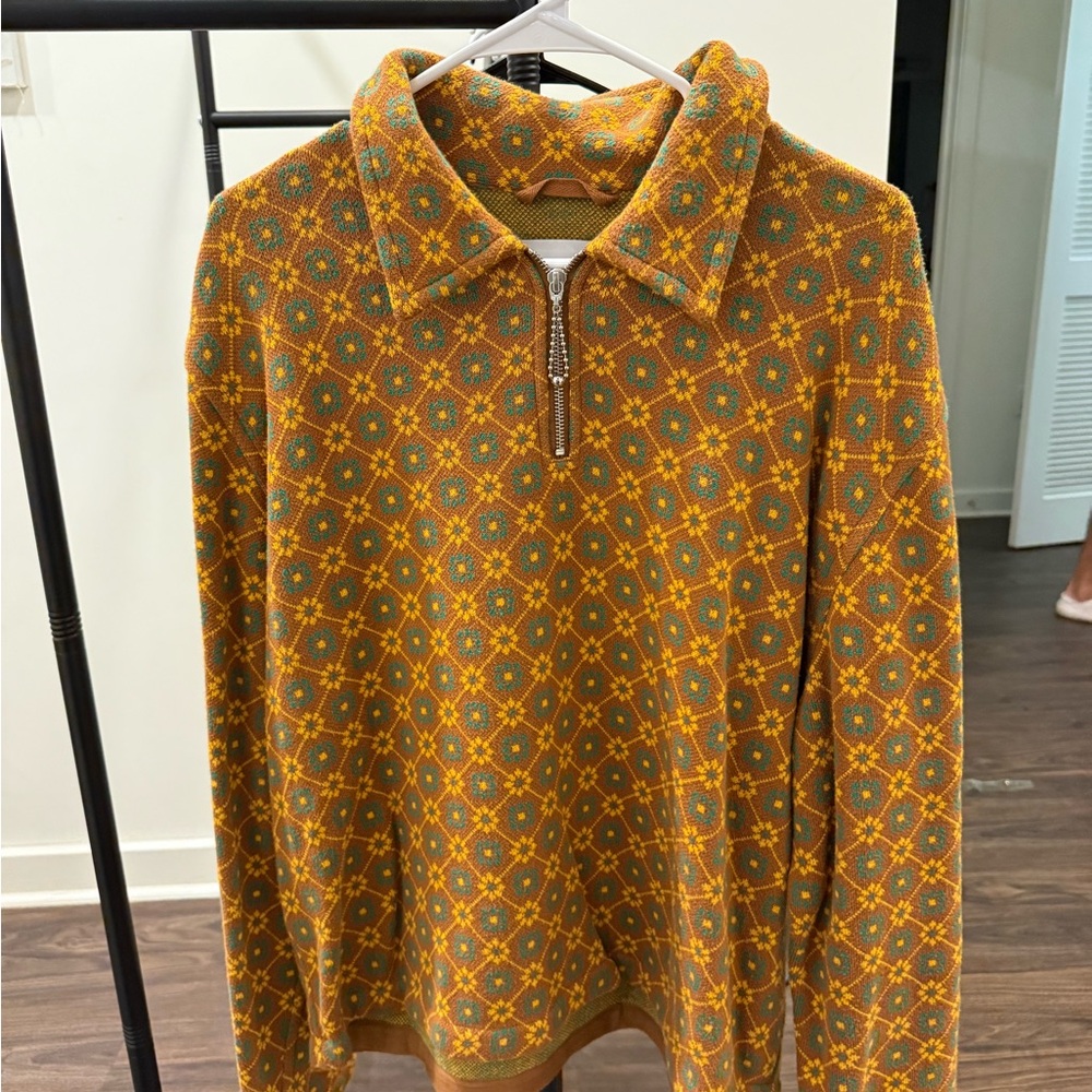 Men's Zip-Up Sweater with Orange and Green Pattern